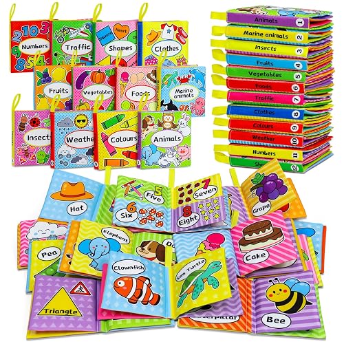 OKOOKO 12PCS Soft Baby Books, Soft Cloth Books, Bath Toys, Crinkle Washable Non-Toxic Early Education Preschool Learning Toy for Newborns Babies Infants Toddlers Kids