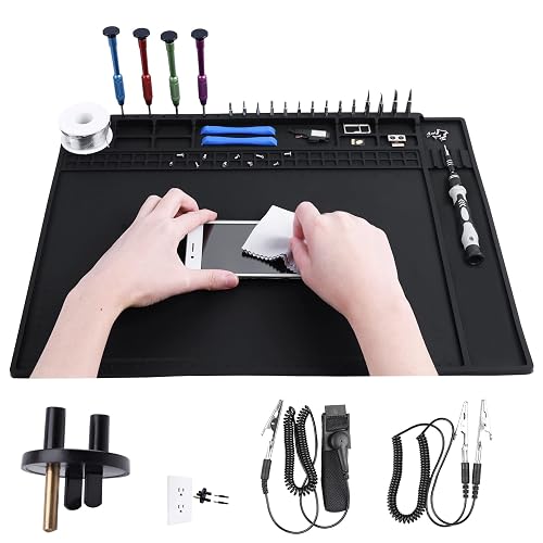 HPFIX Anti Static Mat Includes ESD Wristband and Grounding Wire and Grounding Plug for Electronics Repair, Premium Heat Resistant ESD Safe Soldering Mat (17.7" x 13.6")