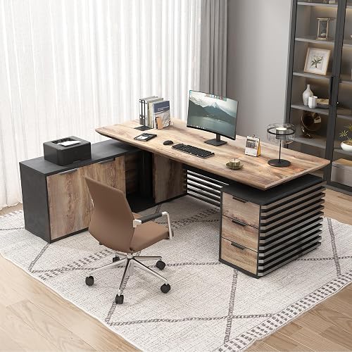 SAINTCY L Shaped Executive Standing Desk with Drawers, 70.87In Large Modern Adjustable Heigh Office Desk w/File Cabinet, AC/USB, 2.56" Thick Floating Desktop,for Home Office, Studio