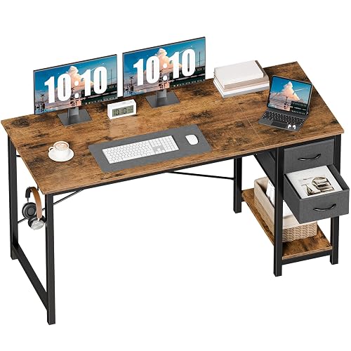 Sweetcrispy 47-Inch Computer Desk with Drawers, Office Desk, Brown | Small Desk for Bedroom Home Office with Side Hook, Modern Simple Desk with Storage for Writing
