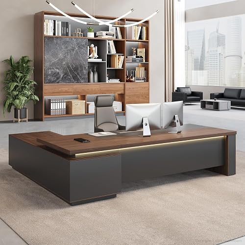 Huariifowm 95" Reversible L-Shaped Executive Desk for CEO's Office | Expansive CEO workspace with locking drawers, open shelves, power outlet, USB and USB-C ports, privacy panel and LED light.