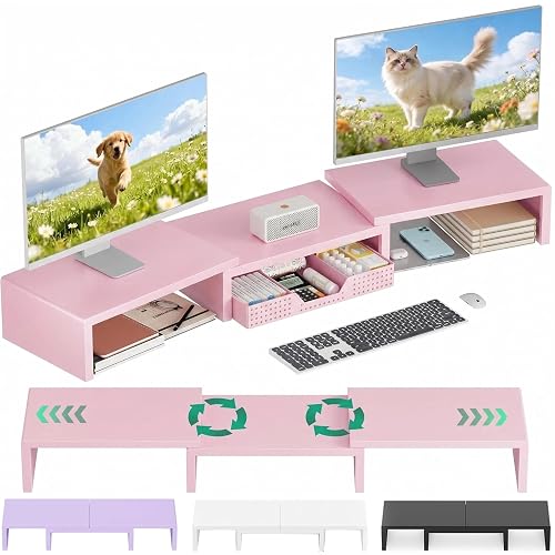 OPNICE Dual Computer Monitor Stand Riser, Desk Organizer with Drawer, Office Desk Accessories & Workspace Organizers for Home Office Supplies, Pink