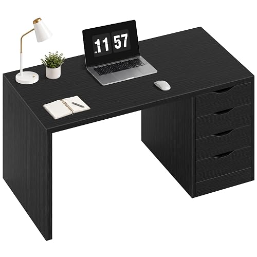Lufeiya Computer Desk with Drawers, Wood Black | Black Writing Study Desk for Bedroom, Home Office, Work and WFH, for Teen,Girls Boys, WFH