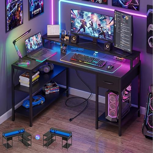 OLIXIS 47 Inch L Shaped Gaming Desk, Corner Desks with Shelves, Black | Reversible Corner Gaming Desks with Drawers and Storage Shelves, LED Light, Power Station & Monitor Riser