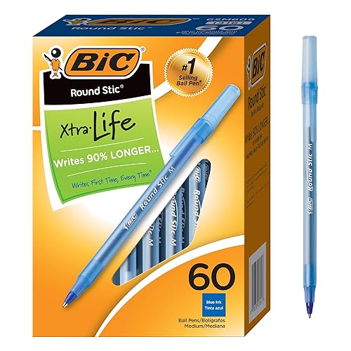 BIC Round Stic Xtra Life Ballpoint Pen, 1.0 mm Medium Point, Blue, 60-Count | Consistent Ink Flow, Ultra Long Lasting, Smooth Writing Experience, Comfortable Round Barrel Grip, Blue Ink