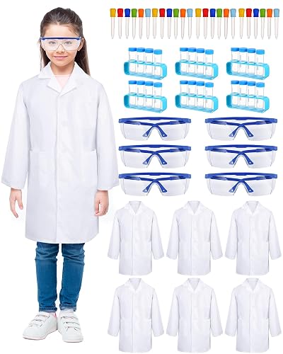 Unittype 6 Set 66 Pcs Kids Lab Coats with Goggles Test Tubes White, S | Doctor Costume Role Play, Halloween Dentist Scientist Costumes Kids Kit for Boys Girls, Party Favors Classroom Activities