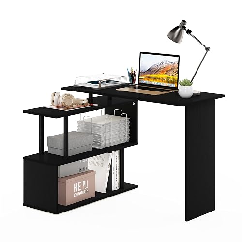 Furinno Moore L-Shape Computer Desk with 3-Tier Shelves, Americano | L-Shape Gaming Desk, Reversible, Computer Desk, for Dorm, Home Office, Bedroom, Study Room