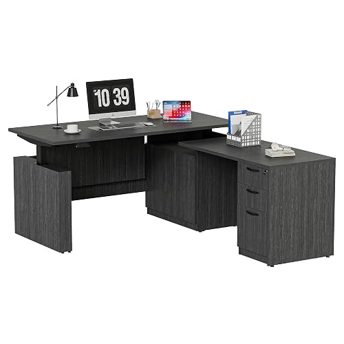 ALFA BUSINESS 66.93" L Shaped Executive Standing Desk with Lockable Cabinet | Fully Assembled 3-Drawer File Cabinet, Pre-installed Frame, Dual-motor Adjustable Sit Stand Desk, for Corporate & Home Office