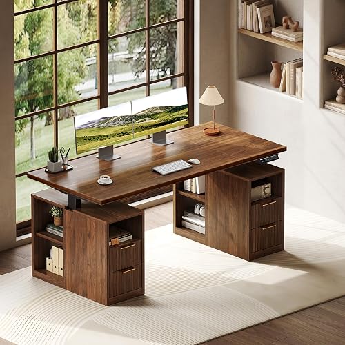 OffiGo Fluted 55 Inch Electric Standing Desk with 2 Storage Cabinet, Walnut | 1" Thick Desktop, Height Adjustable Desk with Storage, Reversible Sit Stand Table for Home Office, Computer Workstation