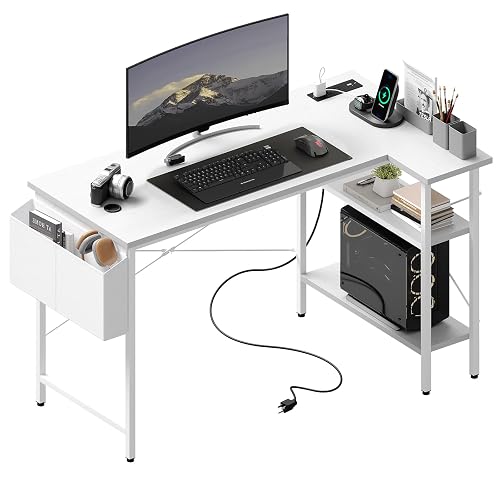 DUMOS Corner Gaming Desk with Power Strip, Storage Shelves and Drawers | L Shaped 39 Inch Computer Workstation, Hanging Fabric Organizer, Home Office Bedroom, White