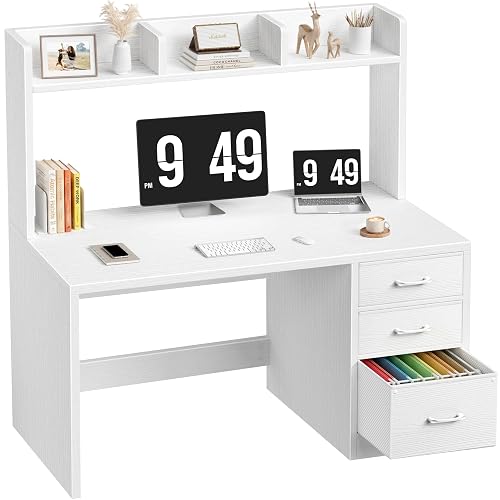 Lufeiya Wood Desk with Hutch and 3 Drawers， White | Study Writing Desk, Storage Drawers, Shelves, for Bedroom, Home Office, Work, for Teen, Girls, WFH, Fabric Drawers, Modern