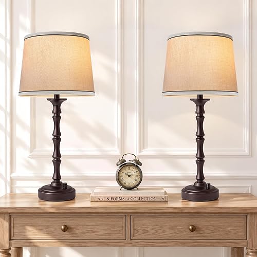 SRJJA 21.3" Small Farmhouse Table Lamps Set of 2 for Bedroom Living Room | Antique Industrial, for Bedside Nightstand, End Table, Entryway, Desk, Knob Switch, Linen Shades, Easy Assembly