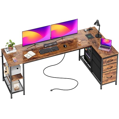 PRAISUN 63'' L Shaped Office Desk with Power Outlets and 3 Drawers | Corner Computer Desk with Storage, Reversible Gaming Work Desk with 3-Level Height Shelf, Mesh Shelves, 2 Hooks, Rustic Brown