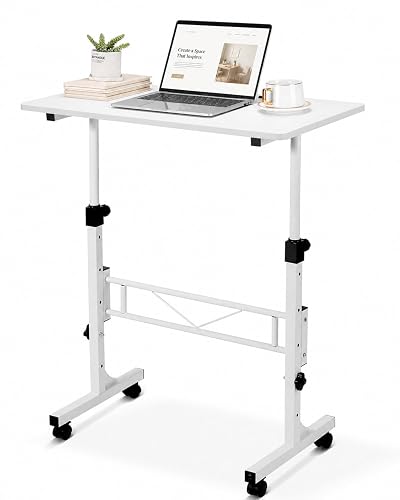 KLSMYHOKI Standing Desk Adjustable Height, Mobile Stand Up Desk with Wheels | Small Computer Desk Rolling Desk, Portable Laptop Desk White Standing Table Home Office Desks 16"x31.5" Height 27"-43.5"