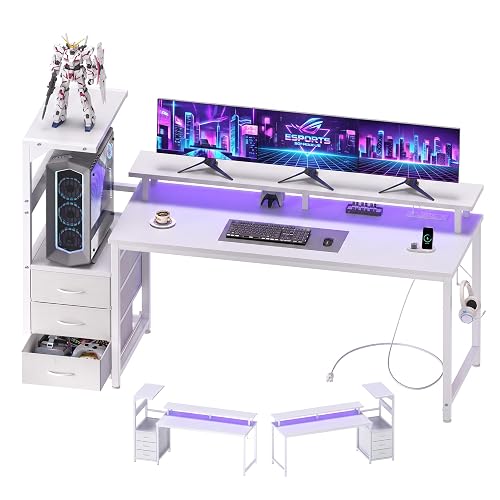 DUMOS 59" Gaming Desk with USB Charging Ports & LED Lights, White | Reversible Computer Desk with Drawers and Monitor Stand for Home Office, Small Spaces, and PC Towers