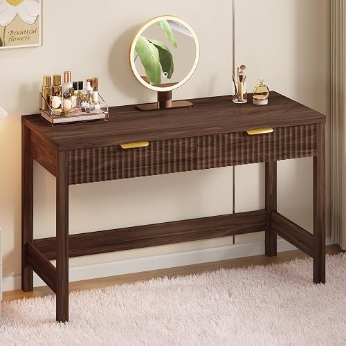47 Inch Small Fluted Computer Desk with 2 Drawers for Bedroom, Home Office | Small Computer Desk with Storage, Compact Writing Study Work Desk for Small Spaces, Walnut
