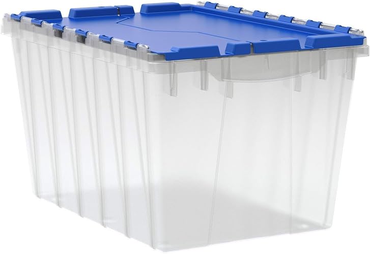 Akro-Mils KeepBox 12 Gal Storage Box, Lid Attached, Stackable, Clear/Blue | 12 Gallon Plastic Storage Container, Nesting and Stackable, Clear Tote for Garages, Closets, Moving, 21-1/2" x 15" x 12-1/2"