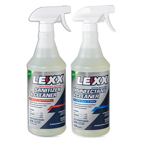 LEXX® Food Contact Sanitizer + Disinfectant Spray Set, 2 x 32 oz | Sanitize food contact surfaces, disinfect everything else. Two EPA registered 32 fl. oz. sprays, no mixing, made in the USA
