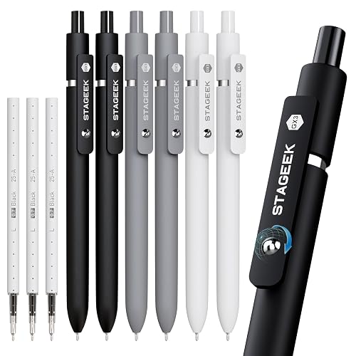 STAGEEK GX3 Black Gel Pens,6Pcs Quick Dry Smooth Writing Pen with 3 Refills | Black Ink Pens, 0.7mm Fine Point, Retractable, Office, School Supplies, Journaling & Note Taking, for Nurses, Teachers