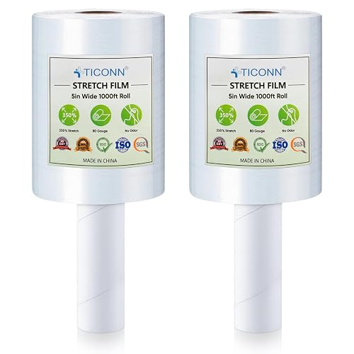 TICONN Stretch Wrap Roll, 5 in x 1000 ft Plastic Wrap for Moving Furniture | Odorless Industrial Strength Stretch Film, 350% Stretchability, Self-Adhering, Ideal for Furniture, Box Protection