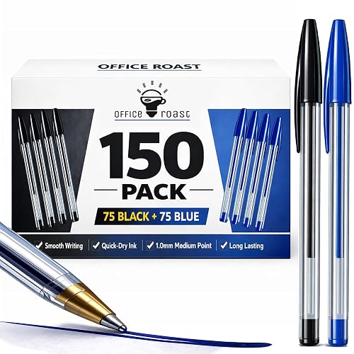 Ballpoint Pens 150 Pack – Bulk Pens 75 Black & 75 Blue Ink, 1.0mm Fine Point, Smooth Writing, Quick Dry, Long Lasting for Office Supplies, School, Business & Home