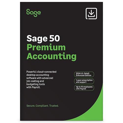 SAGE 50 Premium Accounting 2026 U.S. Retail Enhanced Edition | PC Online Code | 1-user, 1-year subscription with payroll for 1–10 employees, plus accounting, budgeting, bank feeds, and job costing.