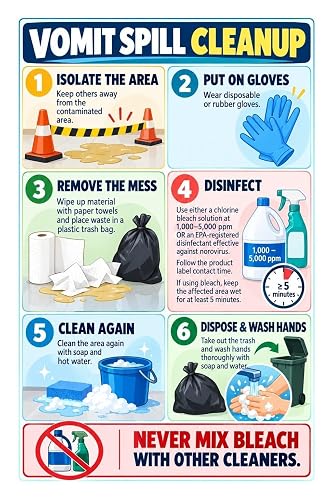 LWQCHW Vomit Spill Cleanup, Sanitation Procedure Canvas | Step-by-step cleanup sequence for sanitation and workplace training(Framed,8x12in(20x30cm))