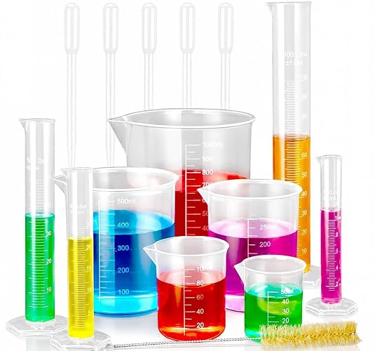 moveland Plastic Graduated Cylinders and Beakers for DIY and Science Lab | 10/25/50/100ml Cylinders, 50/100/250/500/1000ml Beakers, Food-Grade Plastic, Hexagonal Base, Shatterproof & Safe for Lab