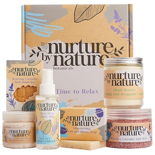 Nurture by Nature Spa Gift Baskets for Women - at Home Spa Kit, Bath Set | Lavender pillow mist, salts, bomb bar, soy candle, oat soap, shea scrub; cruelty-free self care relaxation box for Christmas