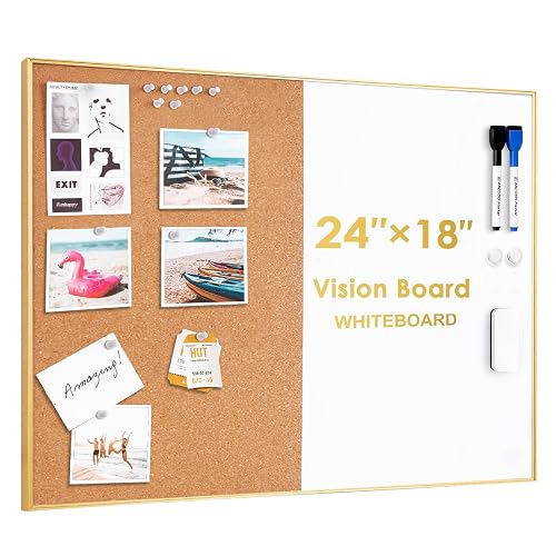 ARCOBIS Cork Board White Board Combo | 24"x18" Bulletin Board-Gold Frame, Magnetic Dry Erase Board & Corkboard for Wall, Vision Board for Home, Office, School