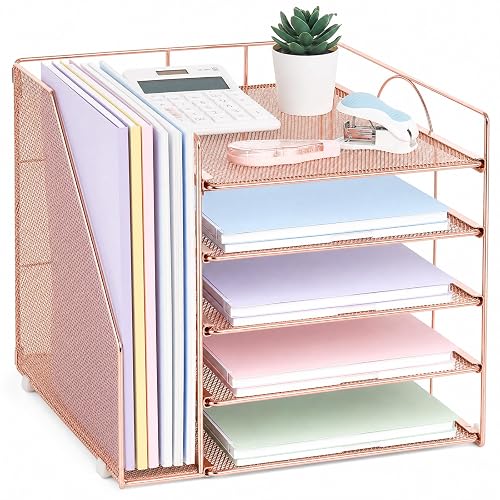 LEKETREE Desk Organizers and Accessories, 5-Tier Paper Letter Tray Organizer with File Holder, Desktop Organizer for Office Supplies (Rose Gold)