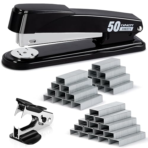 Deli Stapler Heavy Duty, 2000 Staples and Staple Remover, Black | 50 Sheet Capacity, No Jam, Full Strip, Non-Slip Office Stapler with Staples for Office, Classroom