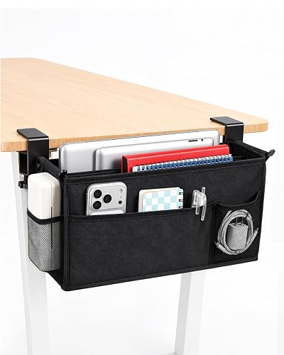 Coorganisers desk side storage organizer with 3-Tier, Side Desk Organizer | No-Drill Dual-Clamp hanging desk organizer with 2 Mesh Pockets for laptop holder, Files, Bottles and Office Accessories