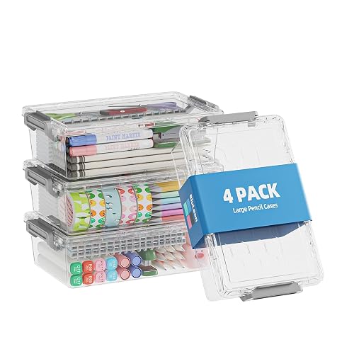 BiuLeon 4 Pack Extra Large Pencil Box, Plastic Pencil Case Organizer, Clear Crayon Box Marker Organizer, Stackable Craft Organizers and Storage for Pen, Craft, Art Supply(Grey)