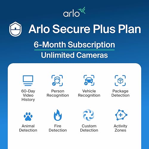 Arlo Early Warning System Plan - 6 Mo Secure Plus, Unlimited Cameras | AI detection: person, vehicle, package, animal & fire; 60-day video history; Activity zones; Custom detection