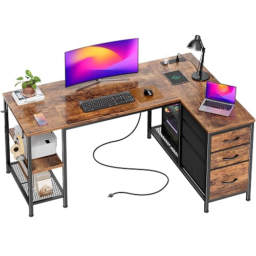 PRAISUN 47.2'' L Shaped Office Desk with Power Outlets and 3 Drawers | Corner Computer Desk with 3-Level Height Shelf, Mesh Shelves, 2 Hooks, Reversible Gaming Work Desk with Storage, Rustic Brown