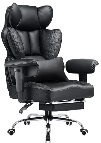 COMHOMA Big and Tall Office Chair Heavy Duty Wide Ergonomic Gaming Chair with Deluxe Embossing Designed Leather with Foot Rest, 145°Reclining Adjustable Armrests Pocket Spring Back Support and Pillow