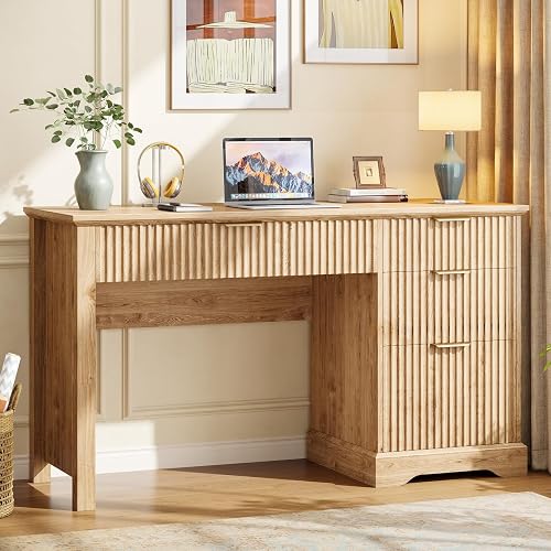 Halitaa Fluted Computer Desk with Drawers, Wood Writing Desk with Ample File Drawer, Home Office Desk with Storage for Study, Bedroom, Living Room, Oak