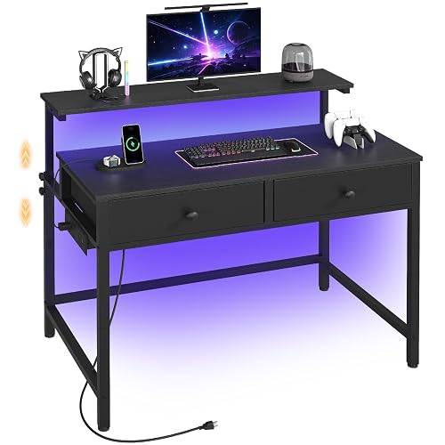 YATINEY Computer Desk with Adjustable Monitor Stand, Gaming Desk, LED Light | Gaming Desk with Charging Station, Home Office Dsek with Fabric Drawers, for Study, Office or Gaming Room