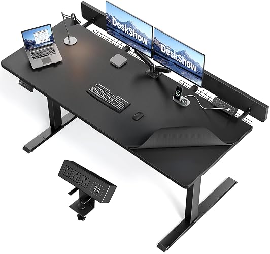 DeskShow 60 x 30 Inch Electric Standing Desk with Flip-Top Cable Management | Height 27.7-45.5in, 250lbs, 3 Presets, Dual-Beam. Mouse Pad & Clamp Power Strip Incl. Home Office Desk & Gaming Desk.