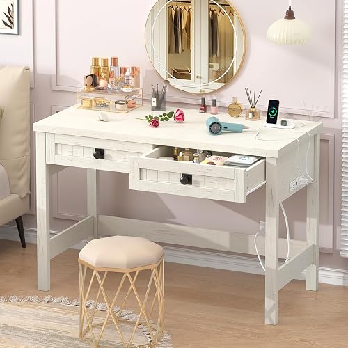 39 Inch Farmhouse Small Computer Desk with Drawers for Bedroom, Home Office | Small Office Computer Desk with 2 Drawers & Power Outlets, Compact Writing Study Desk for Small Spaces, White