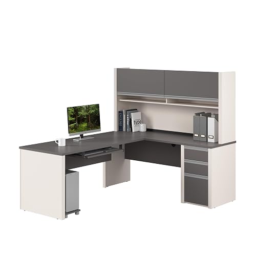 Bestar Connexion L Shaped Desk with Hutch and Pedestal in Slate and Sandstone, 72W | Large Corner Table for Home Office Workspace or Personal Work Area