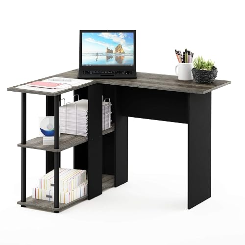 Furinno Abbott L-Shape Computer Desk with Bookshelf, French Oak Grey/Black | Bookshelf, Computer Desk, Office Desk, for Dorm, Home Office, Bedroom, Study Room