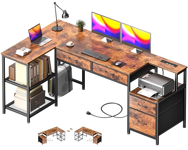 Korfile 57" L Shaped Computer Desk with Power Outlet, Drawers, Rustic Brown | Reversible, Corner, Home Office Desk, 4 Fabric Drawers, 2 Adjustable Mesh Shelves, Larger Storage, for Study, Work