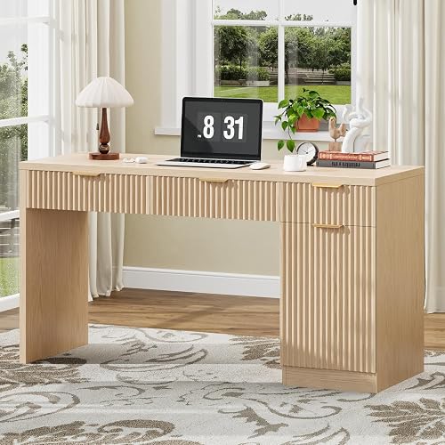 Vabches 60" Executive Desk with Fluted Drawers, Fluted Desk,Natural Oak | Wood Home Office Desk with Storage Cabinet, Computer Writing Desk for Study, Living Room
