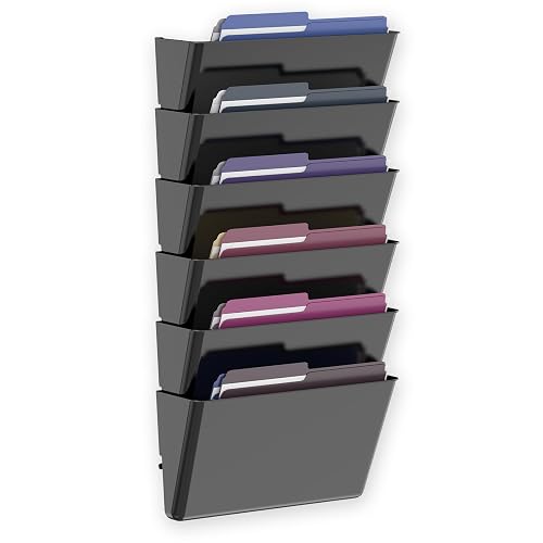 MINDEPOT 6 Pockets Acrylic Wall File Organizer, Wall File Holder Black | Single Wall File Organizer, Save Space, Sturdy Acrylic Material, Black File Holder for Office Home