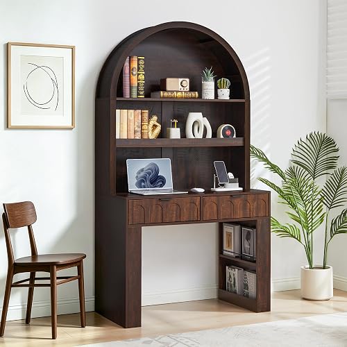 Arched Office Desk with Hutch, Dark Walnut, Desktop 39.4" Wx 19.7"D | 74'' Tall Computer Desk, Adjustable Shelves, 2 Storage Drawers, USB & Type-C Ports, Mid-Century Modern