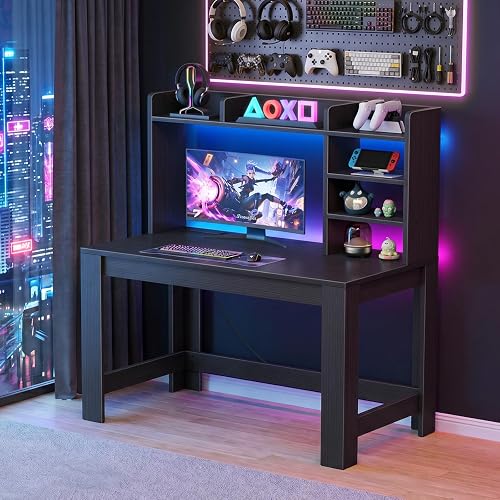 WINAZ 43" Black Gaming Desk with Hutch and Built-in Power Outlet | Modern Computer Desk with 3-Tier Storage Shelves and Hutch, Space-Saving Writing Table for Home Office