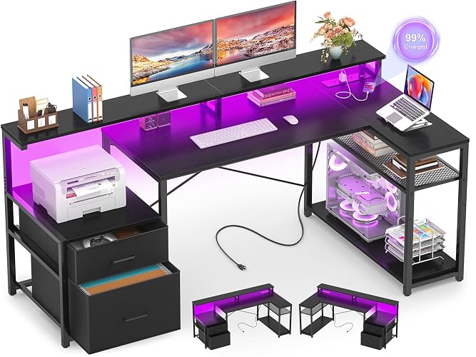 Aheaplus L Shaped Desk with File Drawer, Reversible L Shaped Gaming Desk | Computer Desk with Power Outlet & LED Strip, Home Office Desk Corner Desk with Monitor Shelf, Storage Shelves, Black