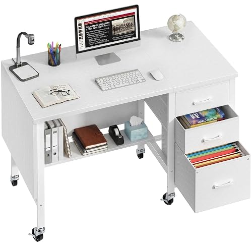 47“ White Mobile Rolling Teacher Desk with File Drawers & Privacy Panels | Computer Desk with 3 Storage Drawers on Wheels, Office Desks Workstation for Classroom & Home Office